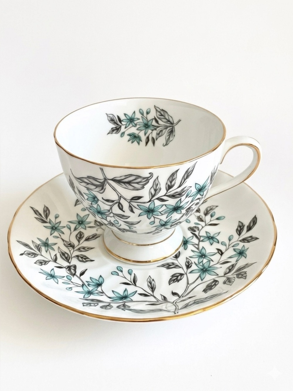 1950s Tuscan England Bone China Footed Teacup Saucer Teal Floral Gold Trim VTG